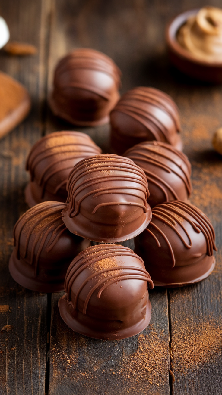 Keto Peanut Butter Chocolate Fat Bombs on a wooden table with cocoa powder and peanut butter.